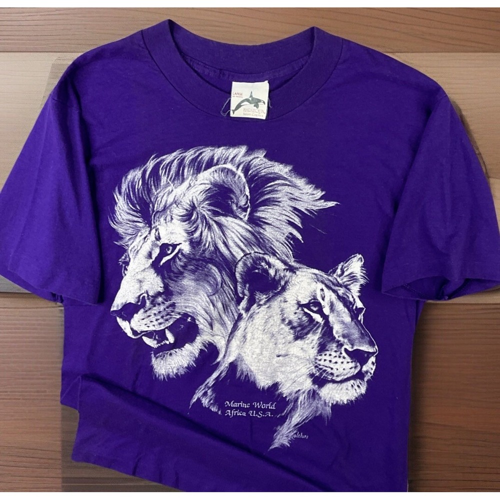 Harlequin Lion Graphic T-Shirt Mens L Fits S Purple Single Stitch 80s Vintage